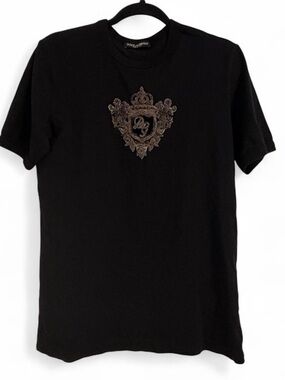 Dolce & Gabbana Black Tee with Brown Embroidered Crest